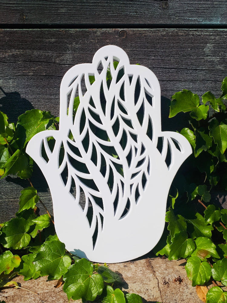 Handmade White Hamsa wall Hanging from Israel, spiritual metal Home decor for protection & good luck.