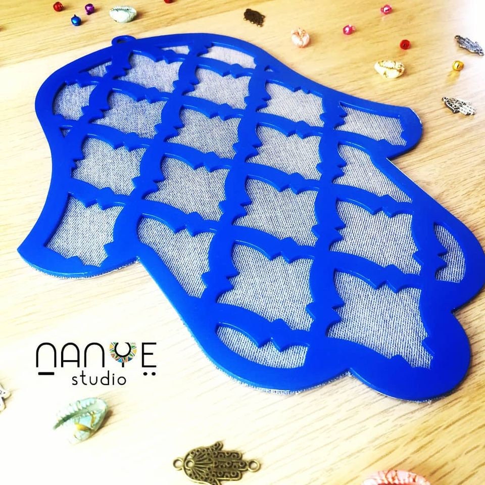 Handmade Blue Hamsa wall Hanging from Israel, spiritual metal Home decor for protection & good luck.
