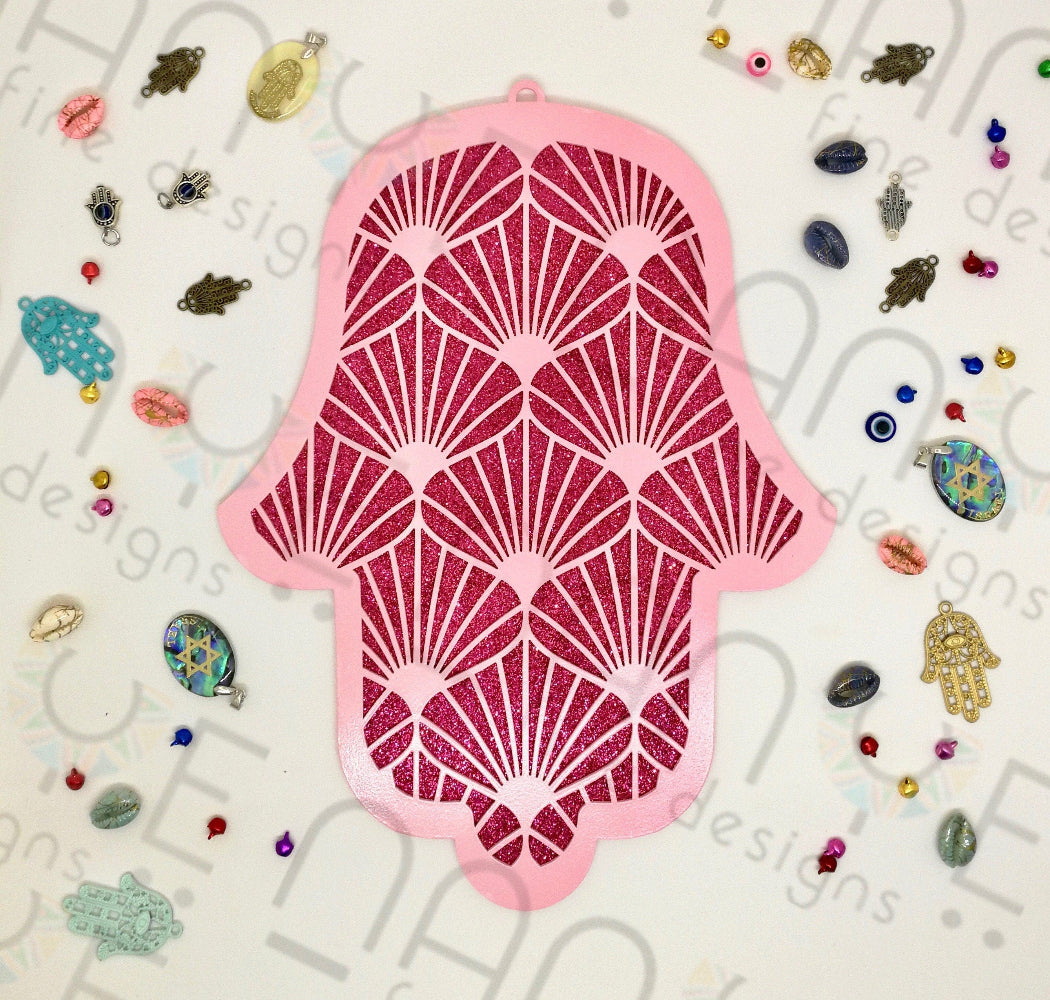 Handmade Pink Hamsa wall Hanging from Israel, spiritual metal Home decor for protection & good luck.
