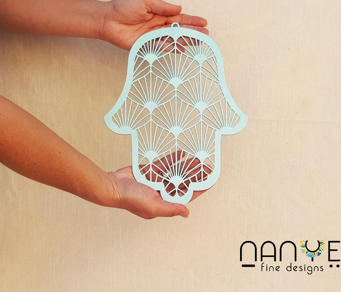 Handmade Turquoise Hamsa wall Hanging from israel, spiritual metal Home decor for protection & good luck.
