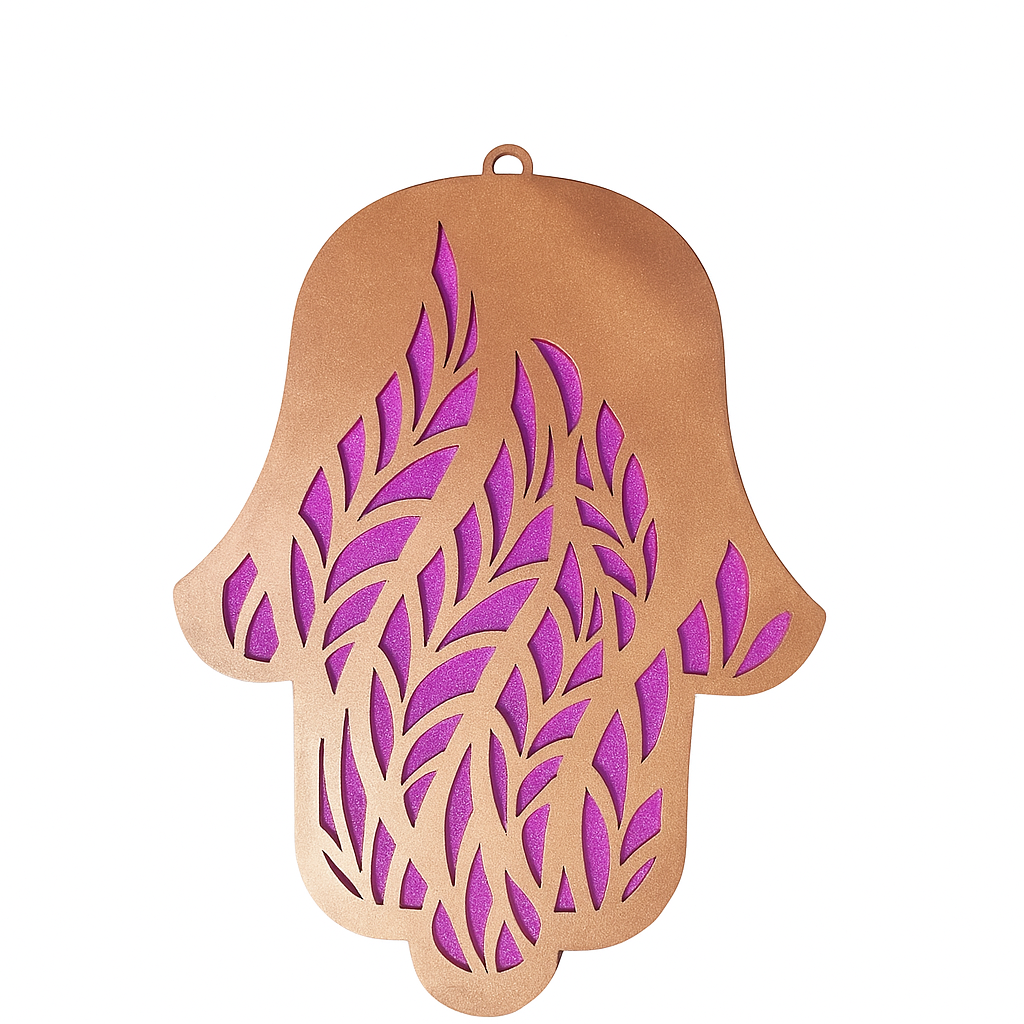 Handmade rose gold Hamsa wall hanging from Israel, spiritual metal home decor for protection and good luck