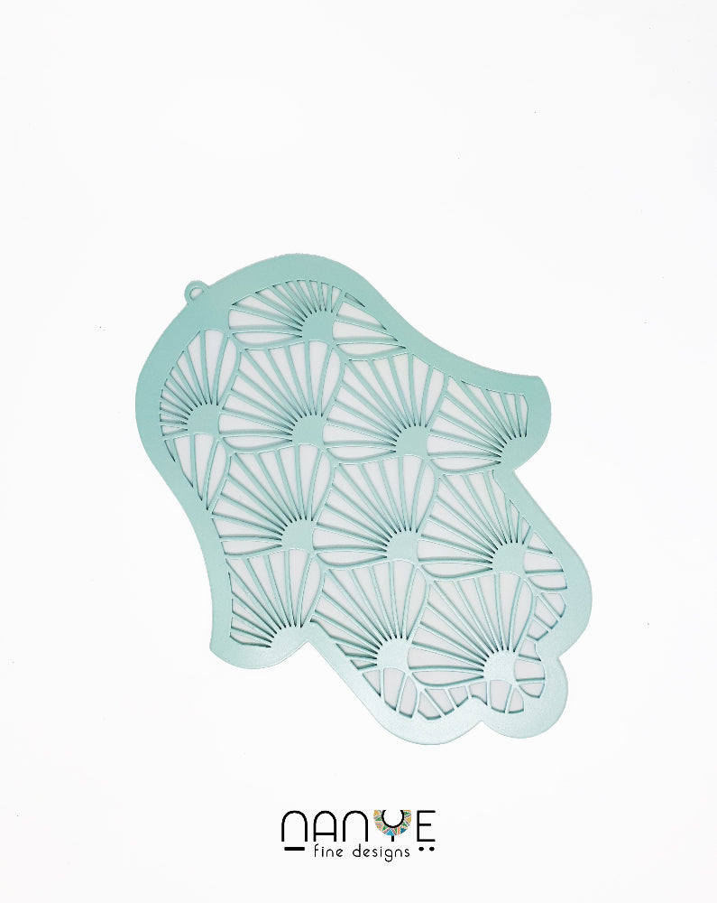 Turquoise Hamsa wall art handmade in Israel, modern Jewish home decor, protection symbol